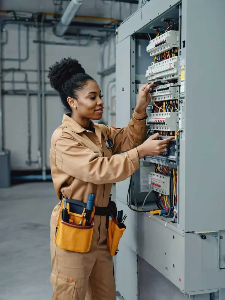 A woman working as a power technician